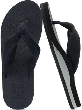 Women Black Yoga Mat Arch Support Fabric Straps Flip Flops Knotted Thong Sandal